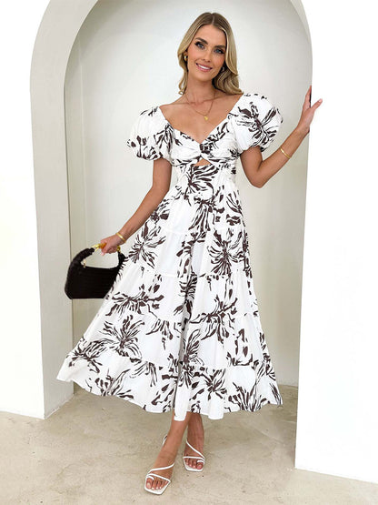 Floral Dress Maxi Dresses Floral Print Short Sleeves Strapless Casual Open Shoulder Strapless Cut Out No Open Seam Long Summer