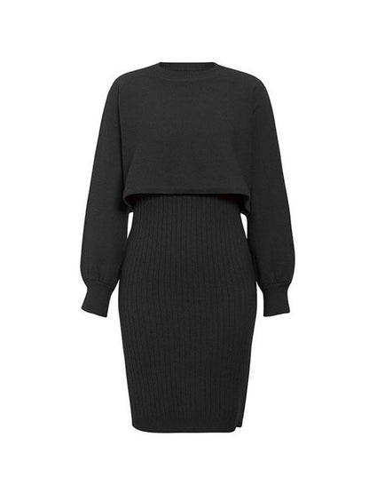 Long Sleeves Solid Color Round-Neck Sweater Top + Inner Dress Two Pieces Set