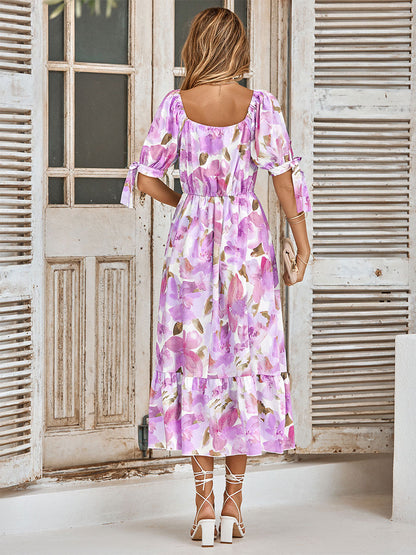Floral Dress V-Neck Short Sleeves Casual Printed Midi Dress