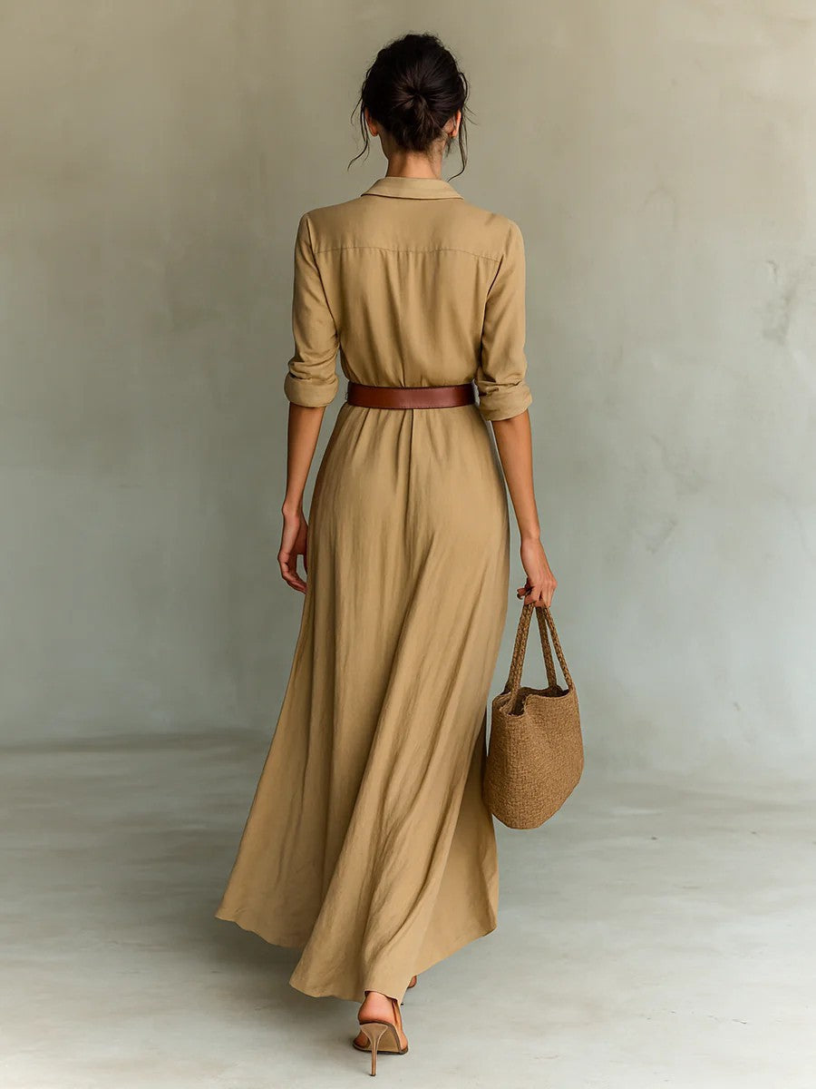 Collared Button Front Long Sleeve Belted Draped Wrap Maxi Dress