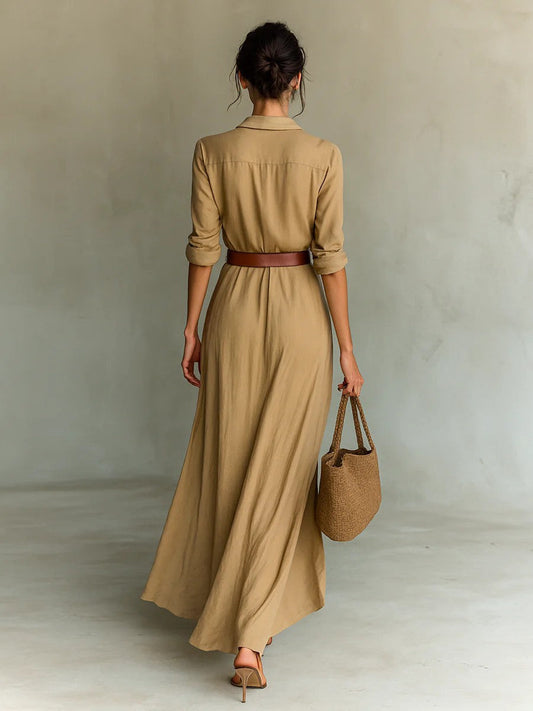 Collared Button Front Long Sleeve Belted Draped Wrap Maxi Dress