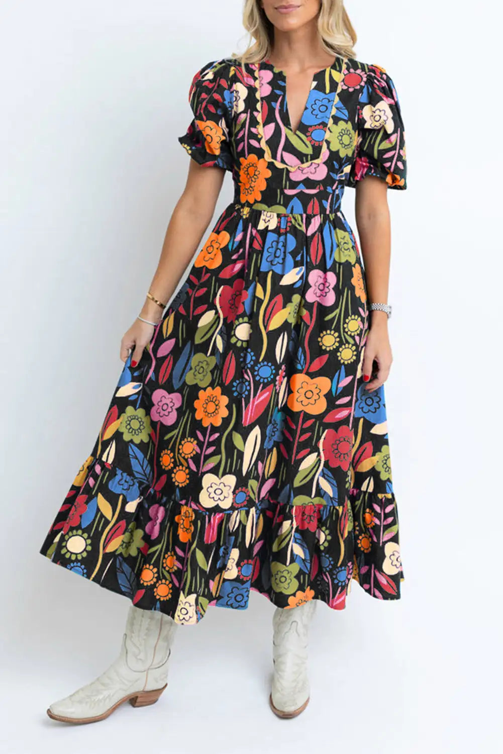 charming black retro floral maxi dress