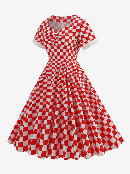 Dress Block Designed Neckline Short Sleeves Retro Midi Dress