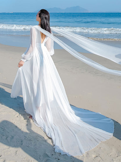 White Maxi Dress Long Sleeves Crepe Chiffon Beach Wedding Dress