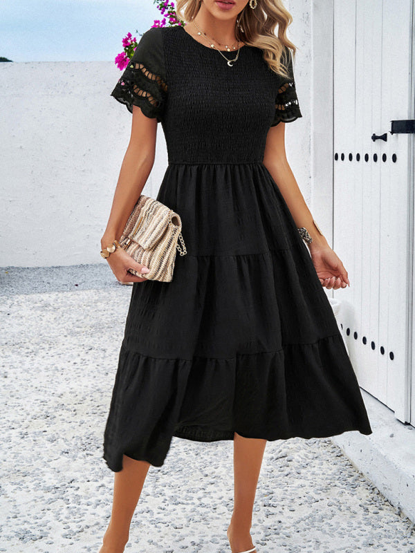 Blue Zone Planet | Solid Color Short Sleeve Cutout Midi Dress