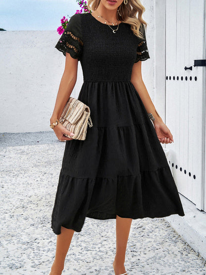 Blue Zone Planet | Solid Color Short Sleeve Cutout Midi Dress