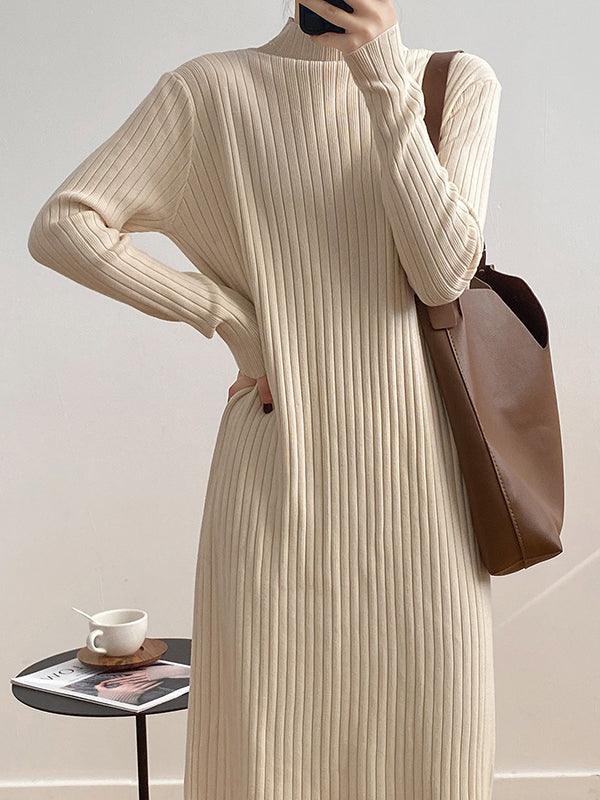 Long Sleeves Loose Fringed Solid Color Mock Neck Midi Dresses Sweater Dresses