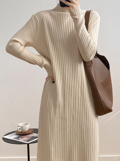 Long Sleeves Loose Fringed Solid Color Mock Neck Midi Dresses Sweater Dresses