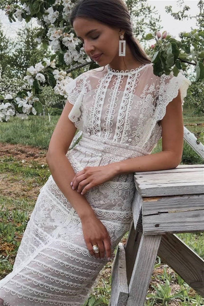 High Neck Lace Yoke Cap Sleeve Button Front Tiered Lace Midi Dress