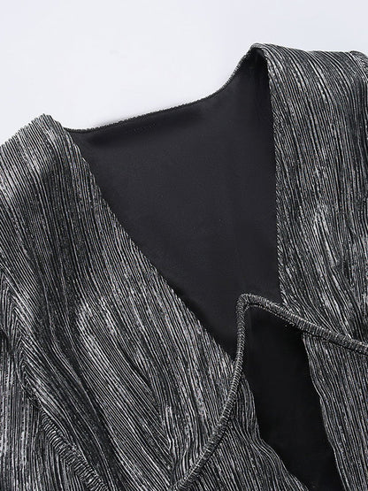 Textured Mini Dress Plunge Faux Wrap Skirt Ruched Birtyday Party Dresses