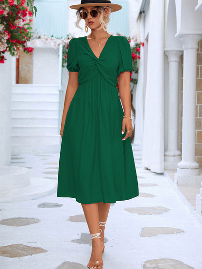 Pleated Casual V-Neck Short Sleeves Midi Dress