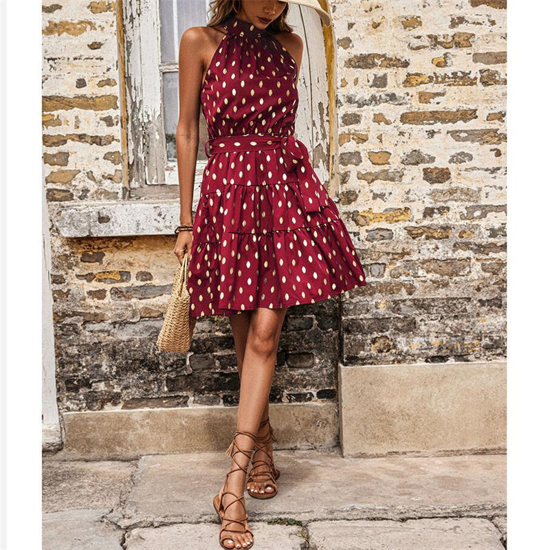Elegant Dot Sleeveless Halter Neck Mini Dress in Green, Navy, Wine Red