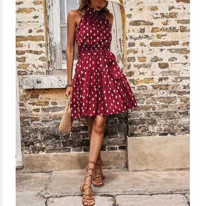 Elegant Dot Sleeveless Halter Neck Mini Dress in Green, Navy, Wine Red