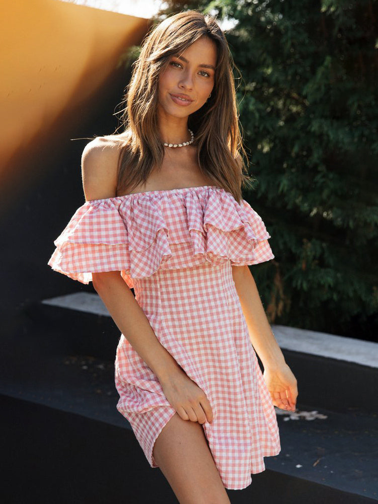 Barbie Pink Gingham Dress Bateau Neck Ruffles Plaid Summer Mini Dress