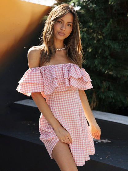 Barbie Pink Gingham Dress Bateau Neck Ruffles Plaid Summer Mini Dress