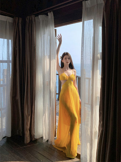 Dopamine Yellow Spaghetti Strap Maxi Dress – Sexy Backless Vacation Outfit
