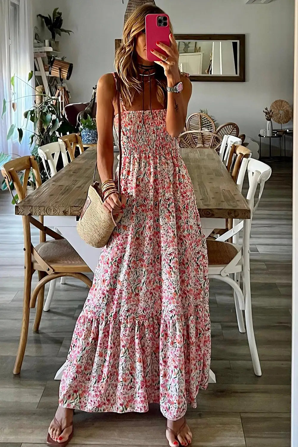 boho floral smocked maxi dress