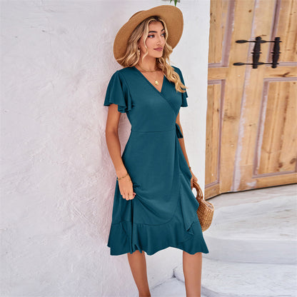 V-Neck Short Sleeve Irregular Midi Dress in Various Colors