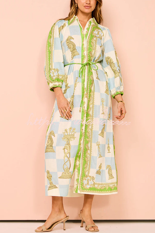 Unique Printed Long Sleeve Drawstring Pocket Shirt Midi Dress
