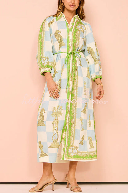 Unique Printed Long Sleeve Drawstring Pocket Shirt Midi Dress