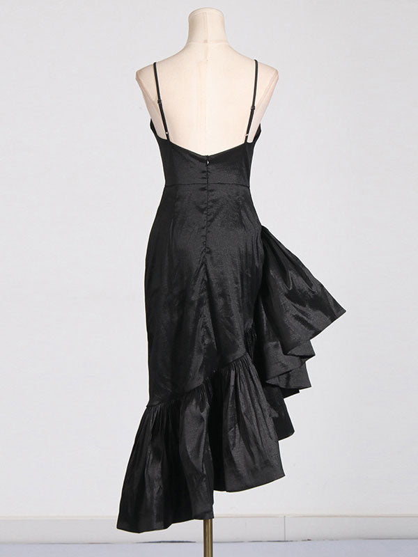 Asymmetrical Dress Spaghetti Strap Ruffles Backless Elegant Party Midi Dresses