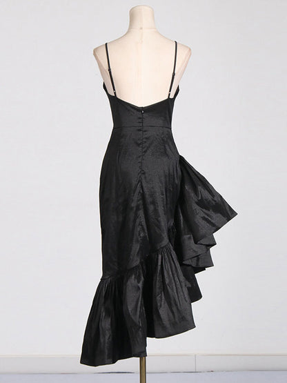 Asymmetrical Dress Spaghetti Strap Ruffles Backless Elegant Party Midi Dresses