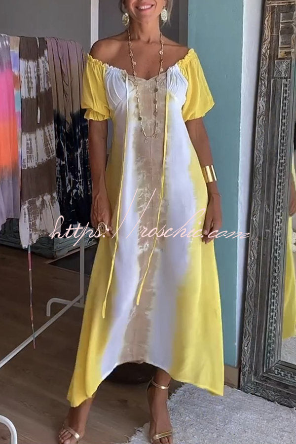 Jorga Tie Dye Print Drawstring Off Shoulder Puff Sleeve Midi Dress
