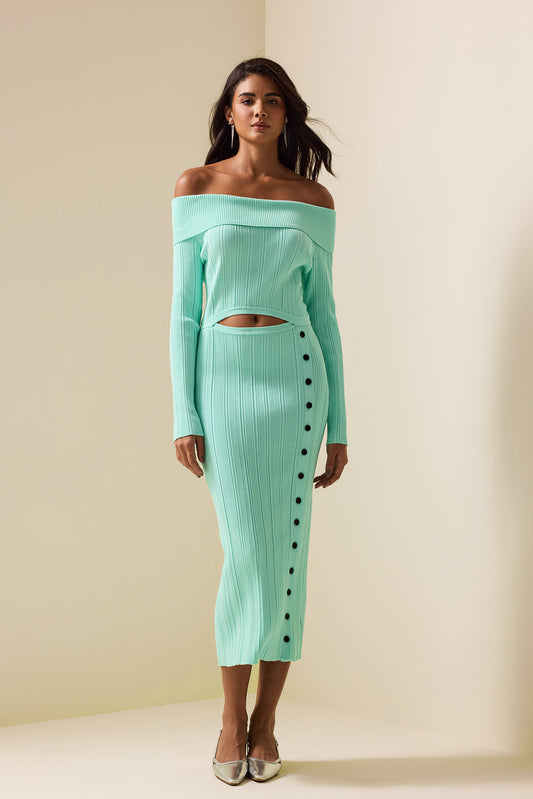 Knit Solid Cut-Out Long Sleeve Midi Dress