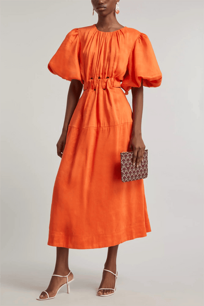 Solid Puff Sleeve Cut-Out Midi Dress