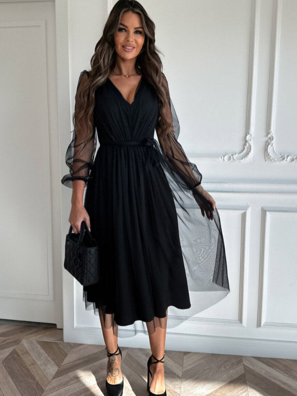 Black Midi Dress V-Neck Belted Backless Daily Casual Dresses