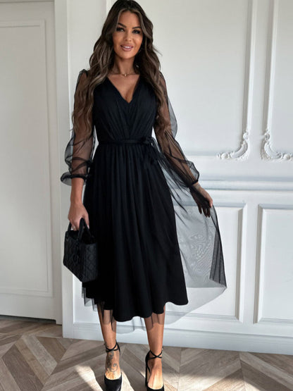 Black Midi Dress V-Neck Belted Backless Daily Casual Dresses