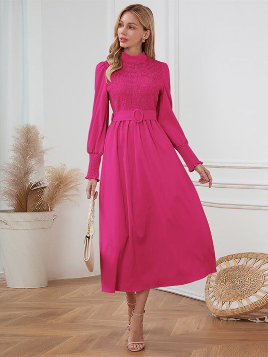 Midi Dress Pleated Polyester Elegant Crewneck Long Sleeves