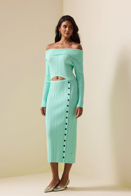 Knit Solid Cut-Out Long Sleeve Midi Dress