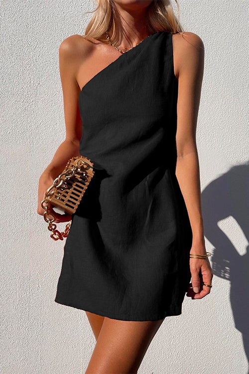 One Shoulder Sleeveless Cotton Linen Mini Dress