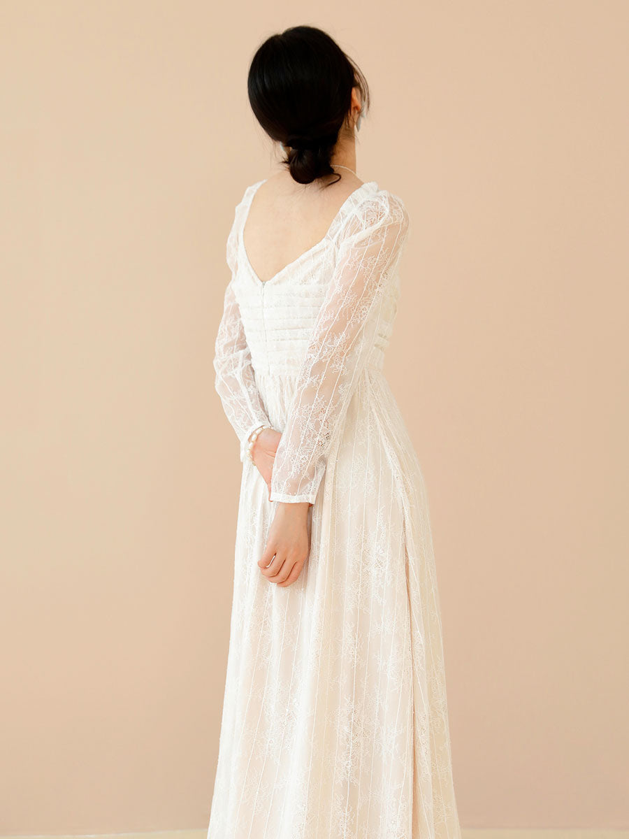 Lace Prom Dress Long Sleeves White Bridal Wedding Midi Dress
