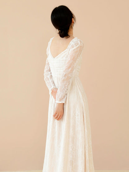 Lace Prom Dress Long Sleeves White Bridal Wedding Midi Dress