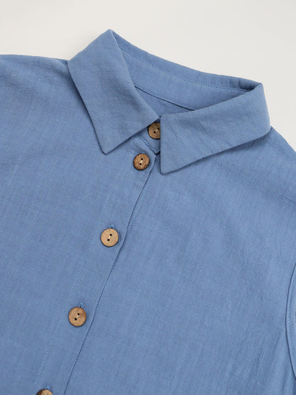 Blue Shirt Dresses Buttons Front Sleeveless Cotton Summer Casual Midi Dress