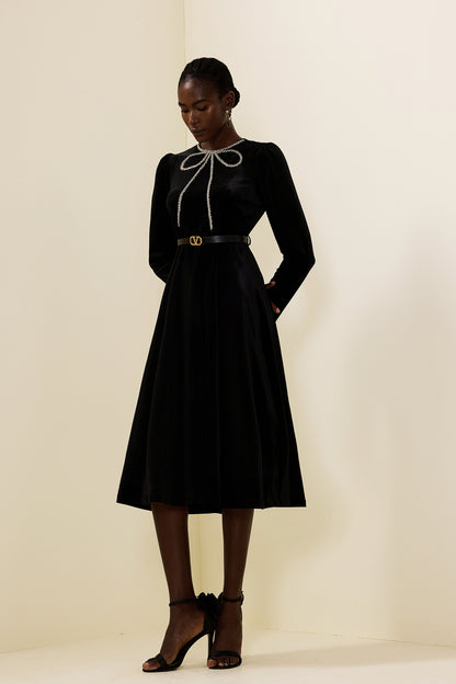 Velvet Rhinestone Bow Midi Dress