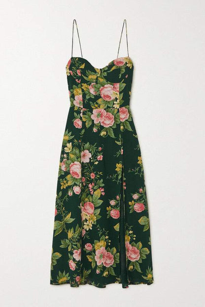 Floral Sweetheart Neck Sleeveless Split Midi Dress