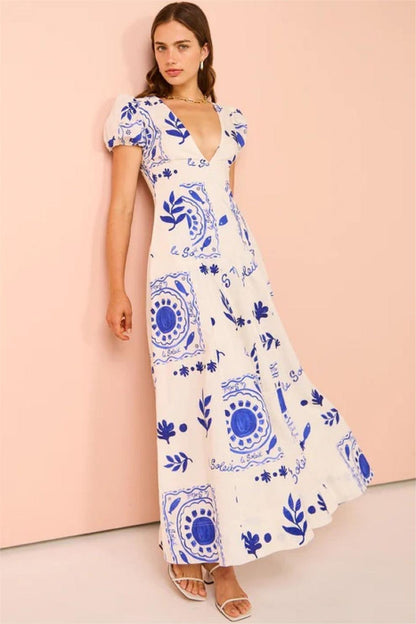 Floral V-Neck Puff Sleeve Midi Dress