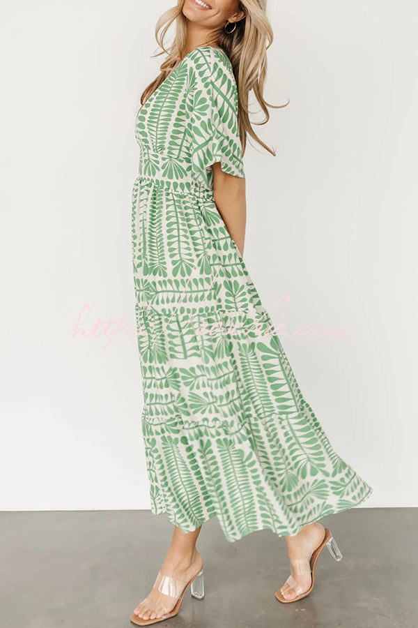 Bohemian Style Unique Printed Short Sleeve High Waist Midi Dress