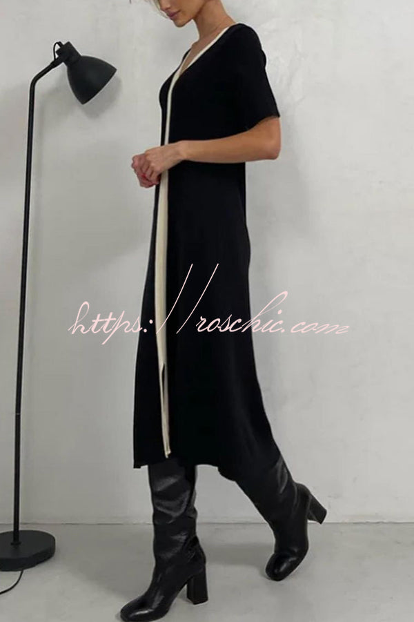 Fashionable V-neck Slim Fit Waist Knitted Midi Dress