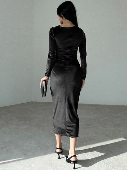 Velvet Dress Black Pleated Dating Long Sleeves Jewel Neck Summer Maxi Dresses