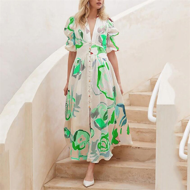 V-Neck Printed Maxi Dress in Blue, Gold, Green, Rose Red, White