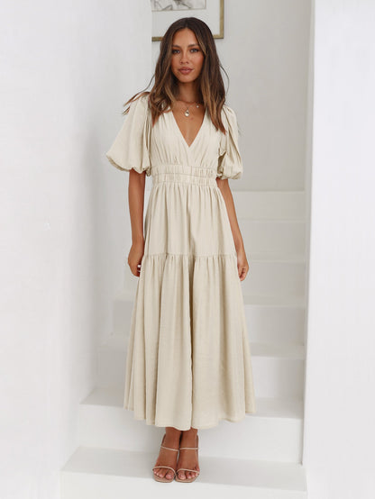 KIMONA SMOCKED SHORT SLEEVE MAXI DRESS - BEIGE