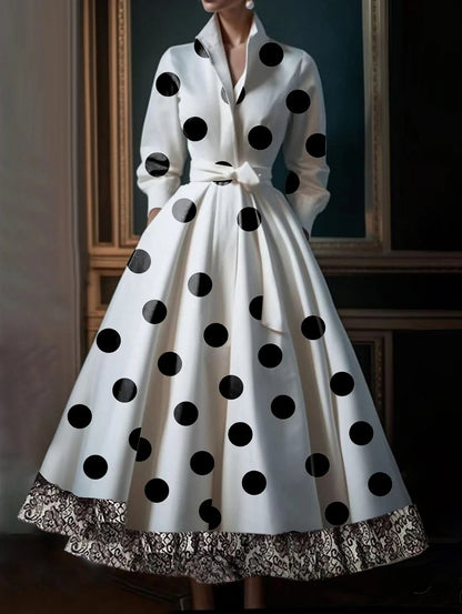 Polka Dot Lace Patchwork Belt Pocket Midi Dress