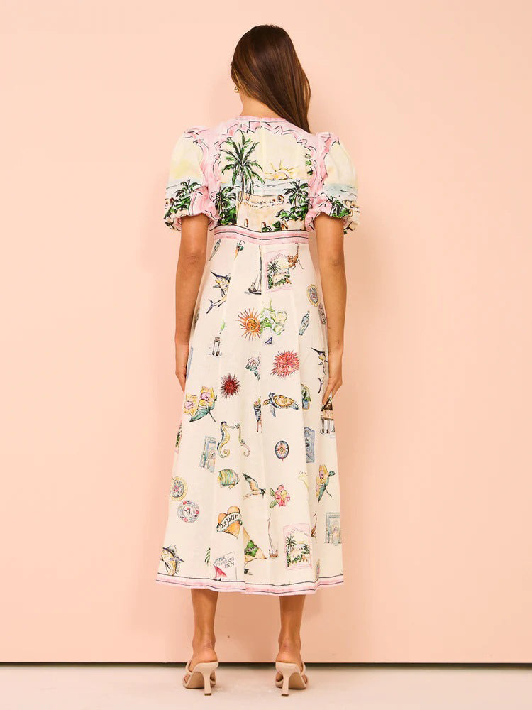 A-Line Dress Painting Puff Sleeves Round Neck Casual Summer Midi Dresses