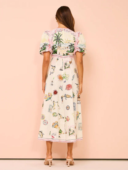 A-Line Dress Painting Puff Sleeves Round Neck Casual Summer Midi Dresses