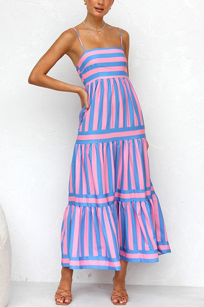 Spaghetti Strap Ruffle Tiered Color Block Striped Maxi Dress