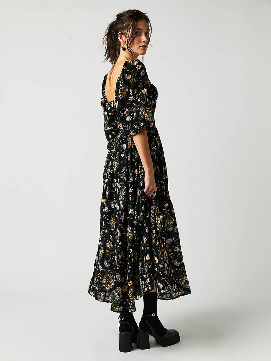 A-Line Dress Floral Ruching Sqaure Neck Three Quarters Daily Casual Midi Dresses